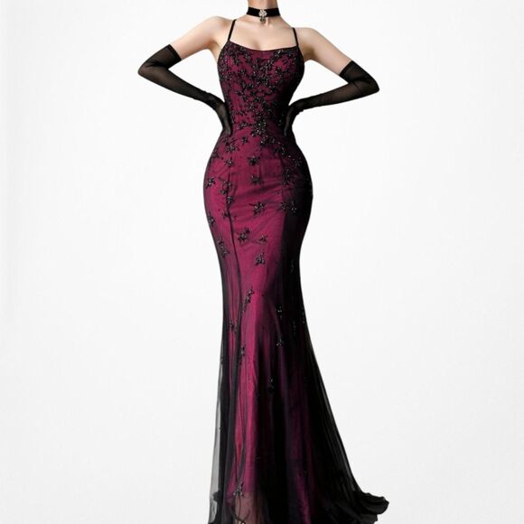 American Vintage Dresses & Skirts - Vintage Pink Black Silk Floral Beaded Bodycon Maxi Formal Prom Dress Size S/M